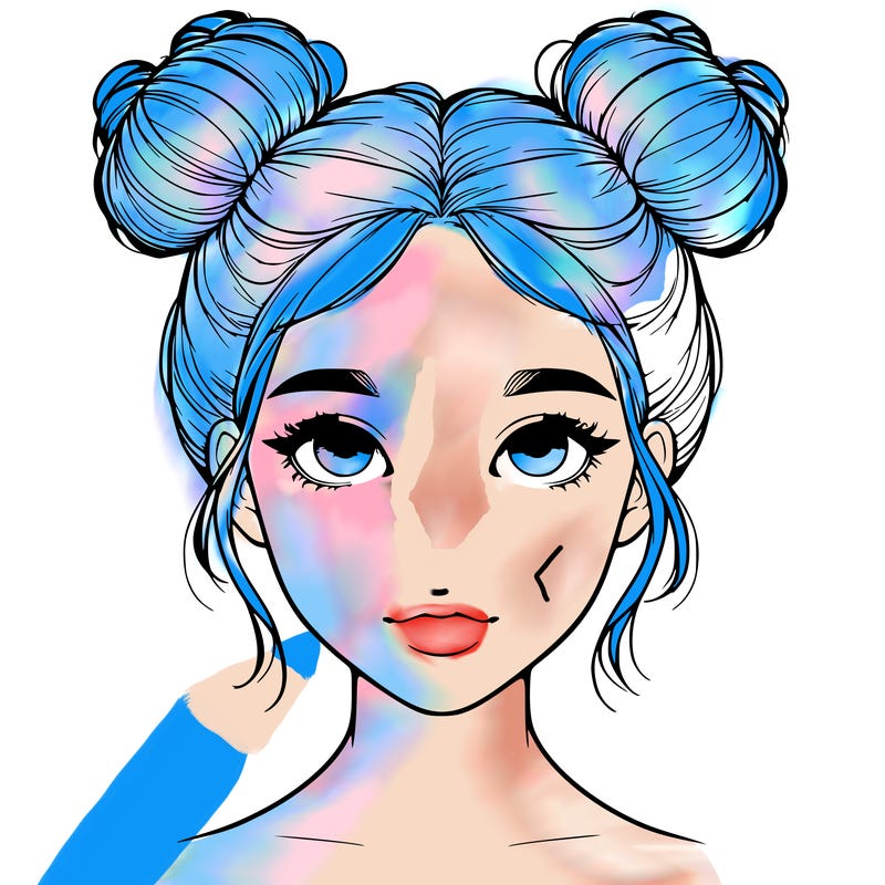 realistic girl with two buns on top of her head