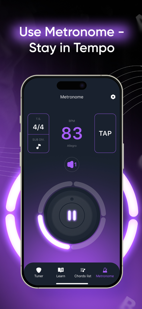 Tuner & Learn To Play Guitar - Interfaz del metrónomo en la aplicación Afinador y Aprende a Tocar Guitarra mostrando la configuración de BPM y compás.