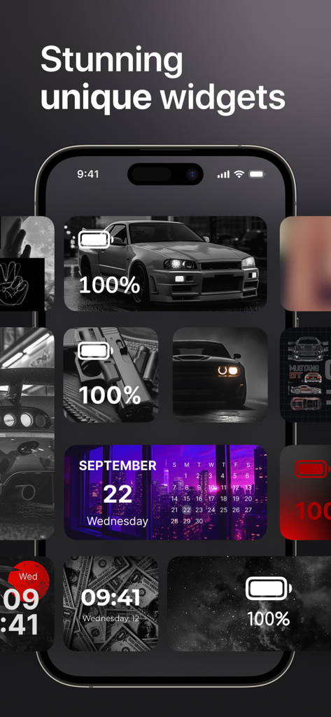 An iPhone screen showcasing various custom dark-themed widgets including car imagery, battery status, and calendar.