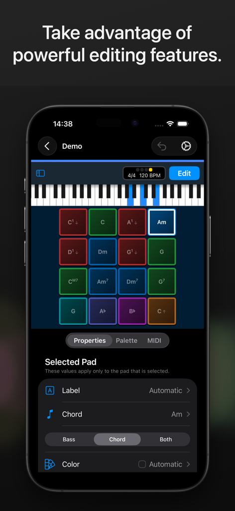 ChordPadX 2 - ChordPadX 2 app screenshot showing the editing interface for customizing MIDI chord pads with properties like labels and colors.