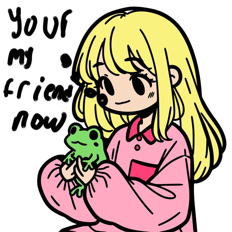 girl with long hair and a oversized shirt. and she is holding a frog