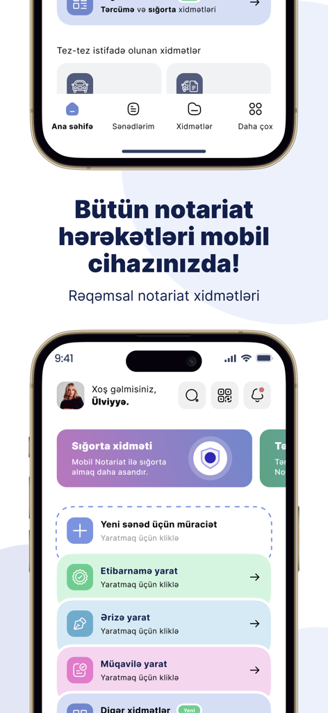 Mobil Notariat app interface showing digital legal services and document management for Azerbaijani citizens.