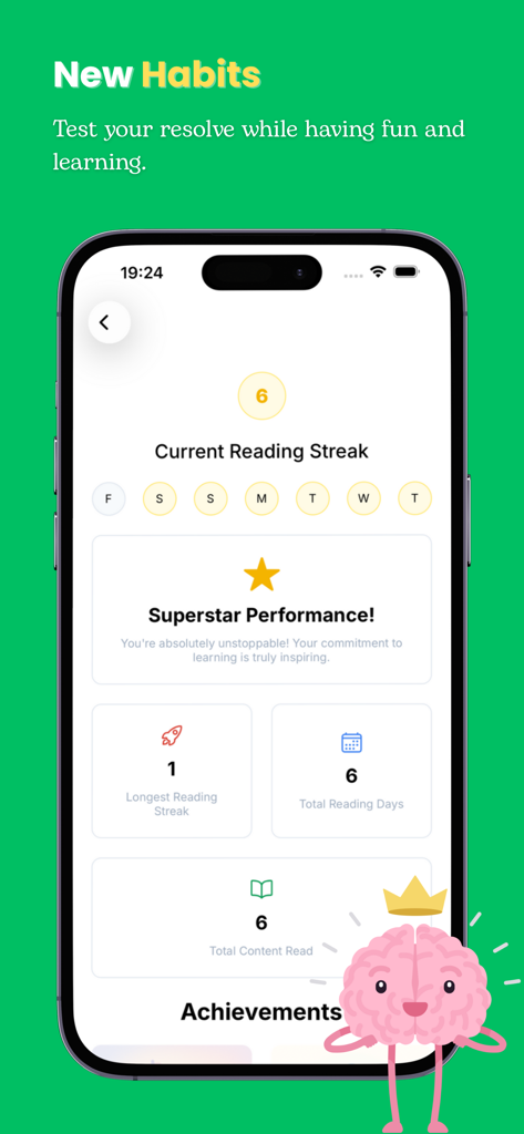 Daily Micro Learning - Curio - The Curio app interface displaying a six day reading streak and progress achievements with a brain character