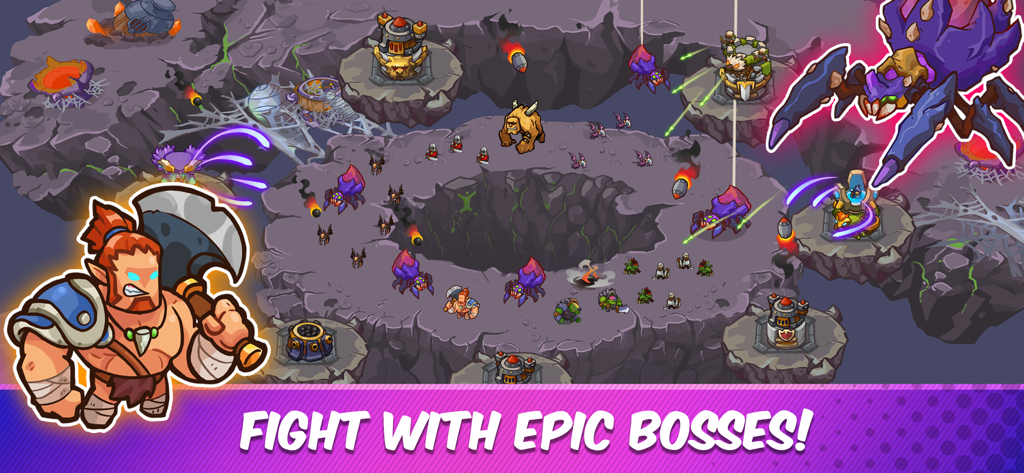 A hero with an axe and various turrets fighting a giant purple spider boss in a fantasy battle landscape.