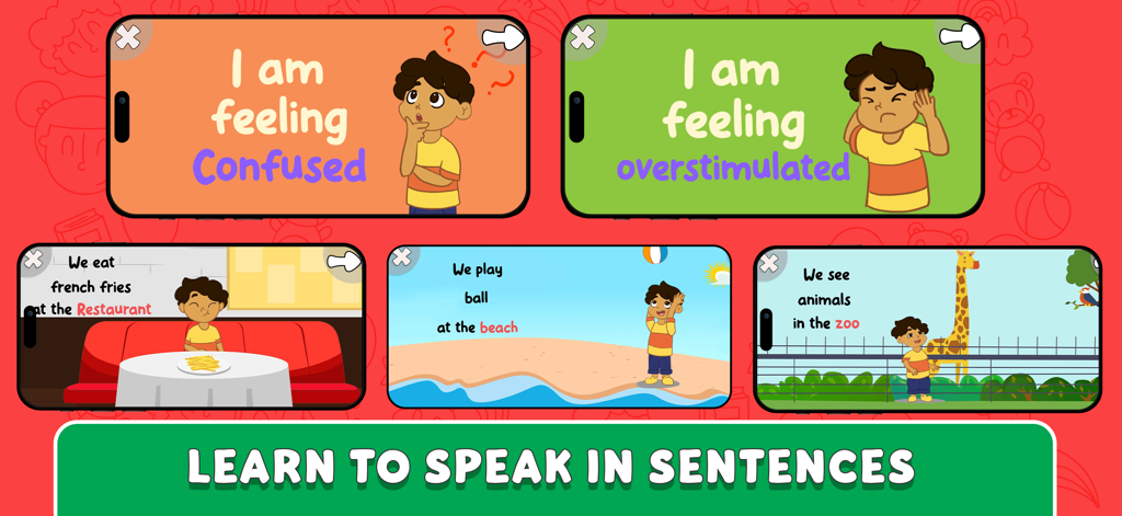 Speakaroo: Speech Therapy - Speakaroo app screens showing a child learning to speak in sentences about feelings and daily activities