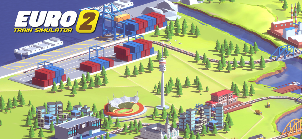Euro Train Sim 2 - Stylized low poly isometric map of a city with an industrial port and stadium from Euro Train Sim 2