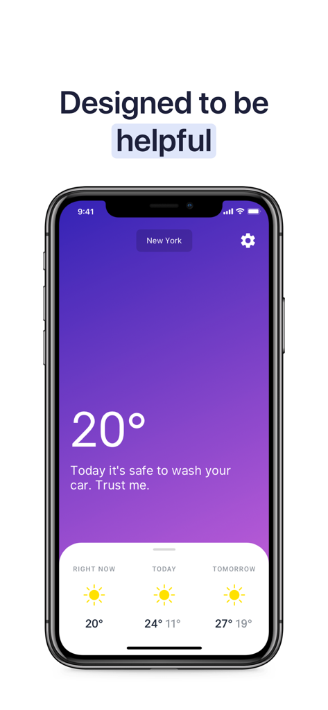 WeatherKit -Live Weather Radar - iPhone screenshot of WeatherKit app with a minimalist design showing a sunny weather forecast for New York