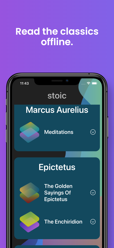 Stoic App - Stoicism for Life - Stoic app interface showing classic books by Marcus Aurelius and Epictetus available for offline reading.