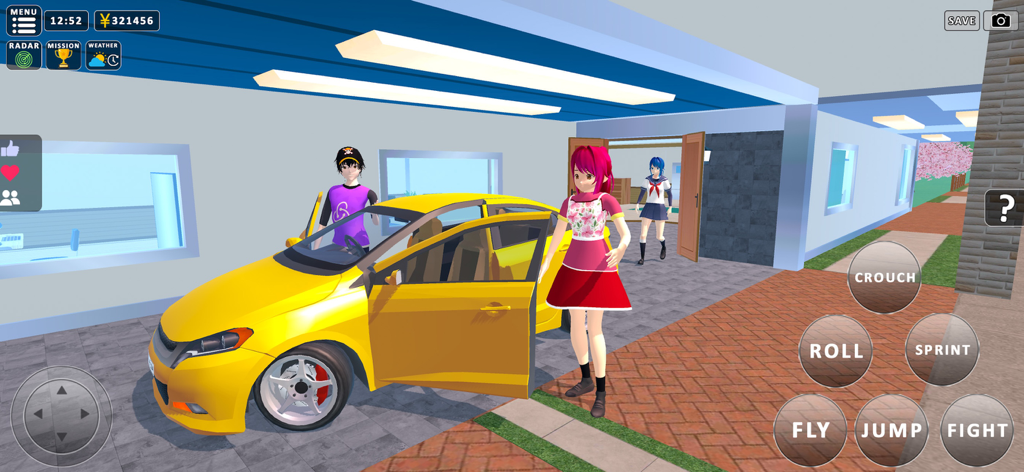 Anime-Charaktere stehen neben einem gelben Auto in einem Schulsimulator