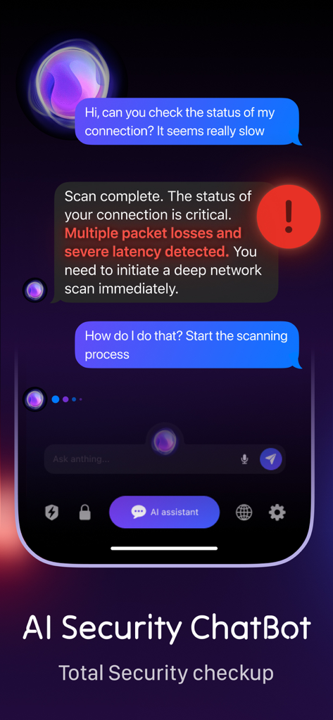 AI Security: ThreatBlocker VPN - AI Security ChatBot interface showing a network connection checkup and threat detection