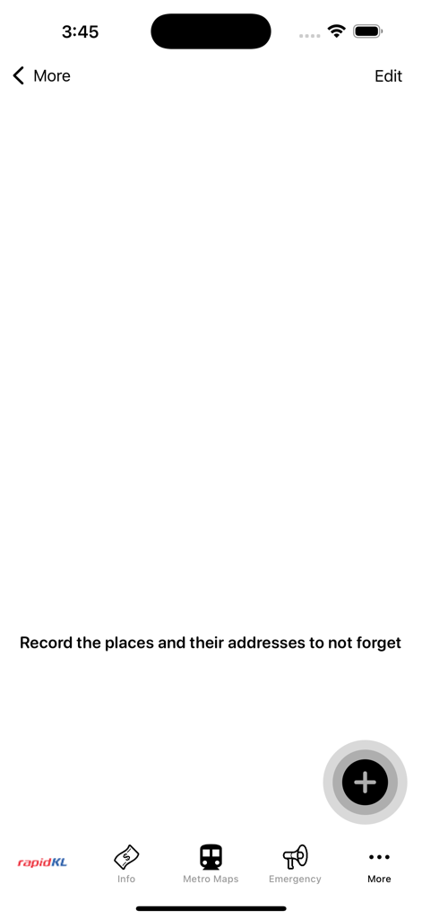 Persönlicher Notizenbildschirm in der Kuala Lumpur Subway Map App zum Aufzeichnen von Reisezielen und Adressen.