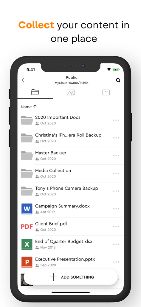 Interfaz de la aplicación móvil My Cloud OS 5 que muestra una lista de carpetas y documentos organizados almacenados en un NAS privado.