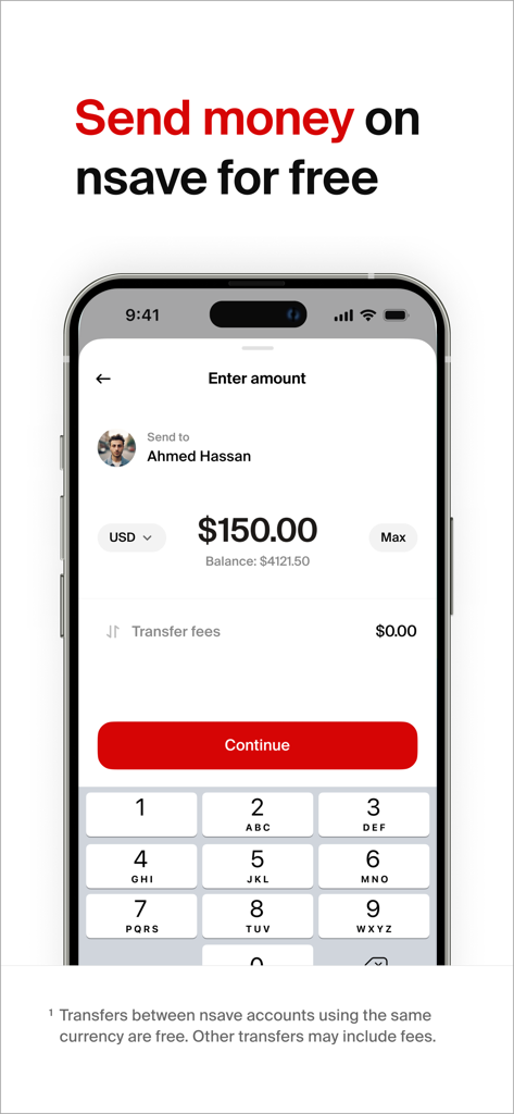 Interface do aplicativo nsave mostrando uma transferência de dinheiro USD sem taxas para um contato