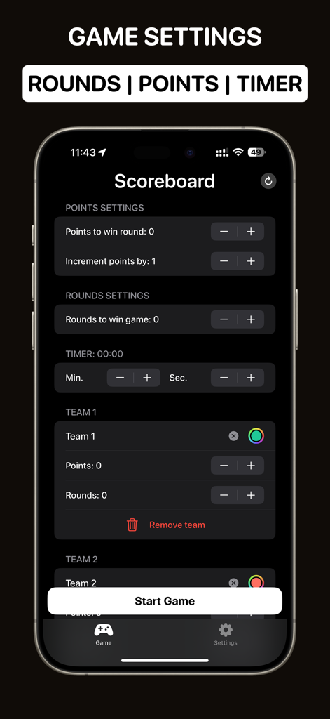 Scoreboard Points Score Keeper - Scoreboard app game settings screen with points rounds and timer options