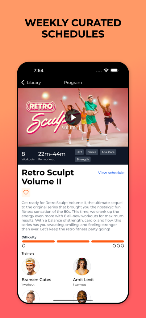 Daily Burn: At Home Workouts - Interface de l'application Daily Burn montrant les détails du programme d'entraînement Retro Sculpt et les programmes hebdomadaires organisés