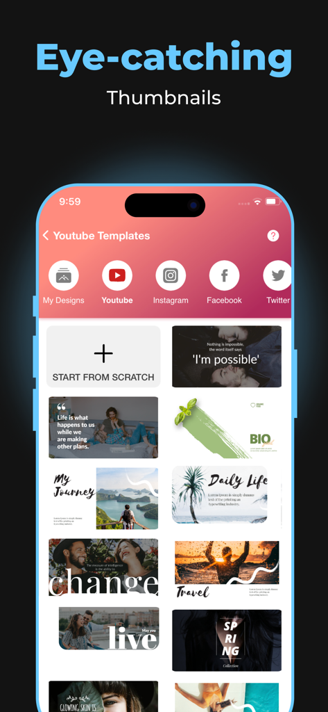 Intro Maker for YouTube Studio - A selection of eye-catching social media thumbnail templates in the Intro Maker app