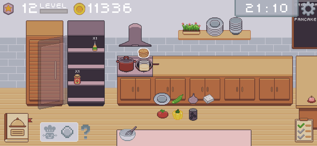 KitchenCraft: cooking business - Captura de pantalla del juego de KitchenCraft que muestra una cocina de arte pixelado con ingredientes y tortitas cocinándose