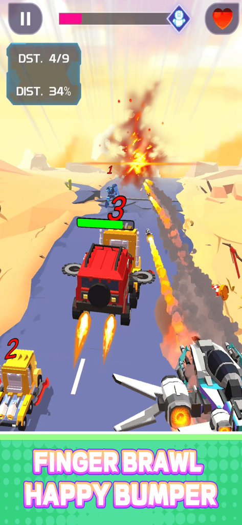 Smash Car: Robot Racing - Um caminhão de combate vermelho com lâminas de serra e propulsores de foguete correndo através de uma explosão no deserto em Smash Car Robot Racing.