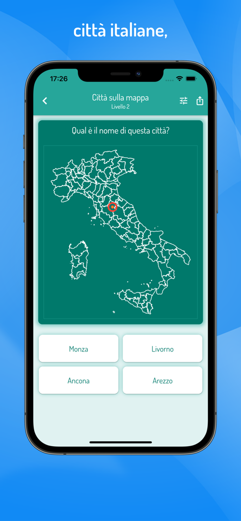 Pantalla de una aplicación móvil que muestra un mapa de Italia con una ciudad resaltada y opciones de identificación de respuesta múltiple.