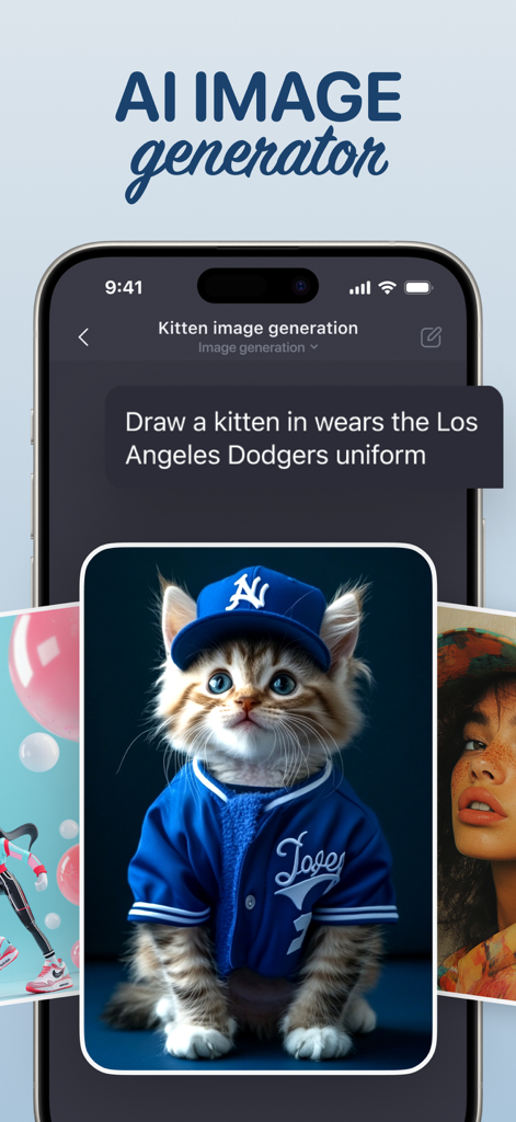 Pantalla de la app AI Chat Assistant mostrando una imagen generada por IA de un gatito con uniforme de los Dodgers de Los Ángeles basada en una indicación de texto.