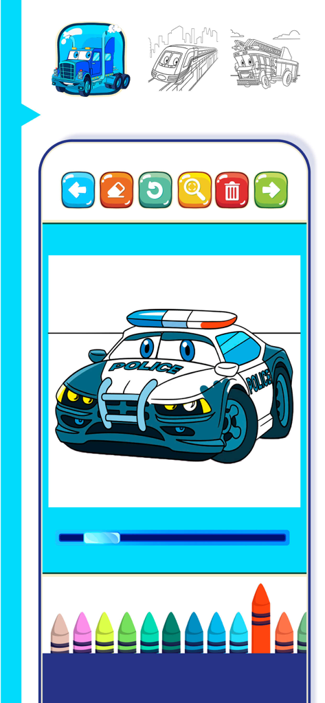 Cars Coloring Pages & Carros - Página para colorear de un coche de policía de dibujos animados con ceras de colores