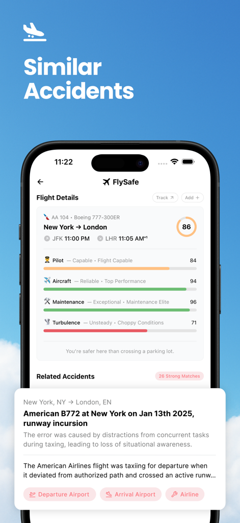 Écran de l'application mobile FlySafe affichant les scores de sécurité des vols et les accidents aéronautiques historiques associés