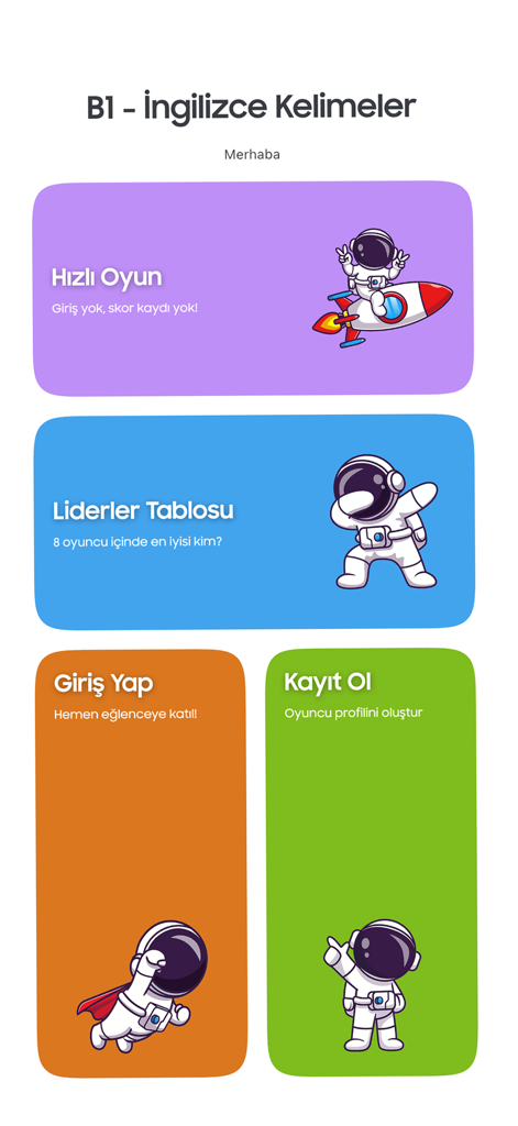 B1 - Ingilizce Kelimeler - Main menu screen of the B1 English Vocabulary app featuring buttons for quick play, leaderboard, login, and signup with astronaut illustrations