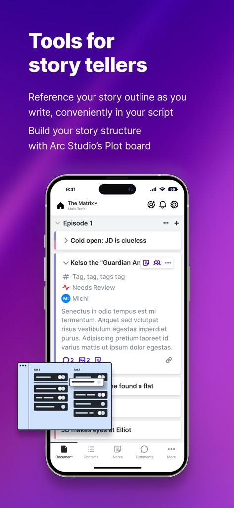 Arc Studio Screenwriting - Arc Studio Screenwriting app interface displaying story outline and plot board on a mobile screen