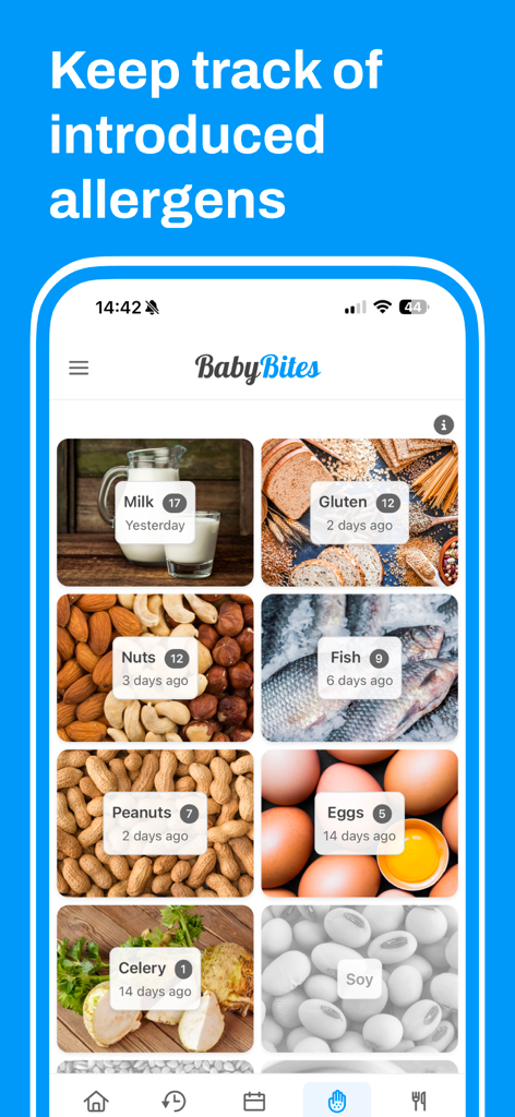 BabyBites - First baby foods - Mobile app interface showing a list of food allergens like milk gluten and nuts to track for baby feeding