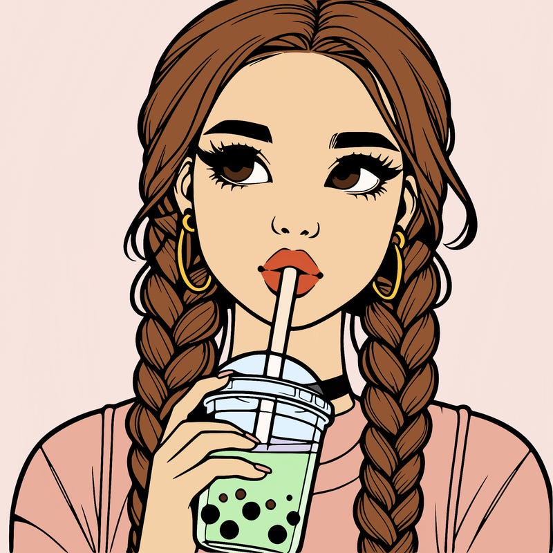 realistic girl with braided hair drinking boba