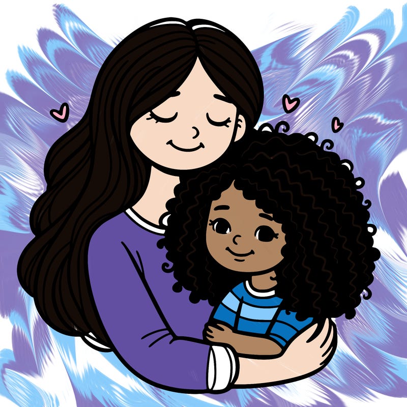 mom with straight hair daughter with curly hair hugging
