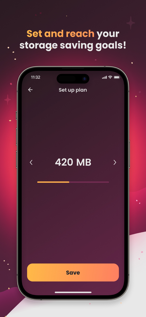 Photo Purge: Swipe & Delete - Una interfaz móvil para la aplicación Photo Purge que muestra una pantalla para establecer un objetivo de ahorro de almacenamiento de 420 megabytes con un botón de guardar.