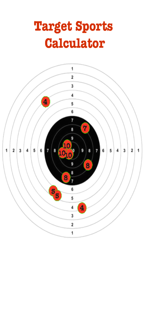 A digital archery and shooting target showing multiple shots marked with red scoring circles