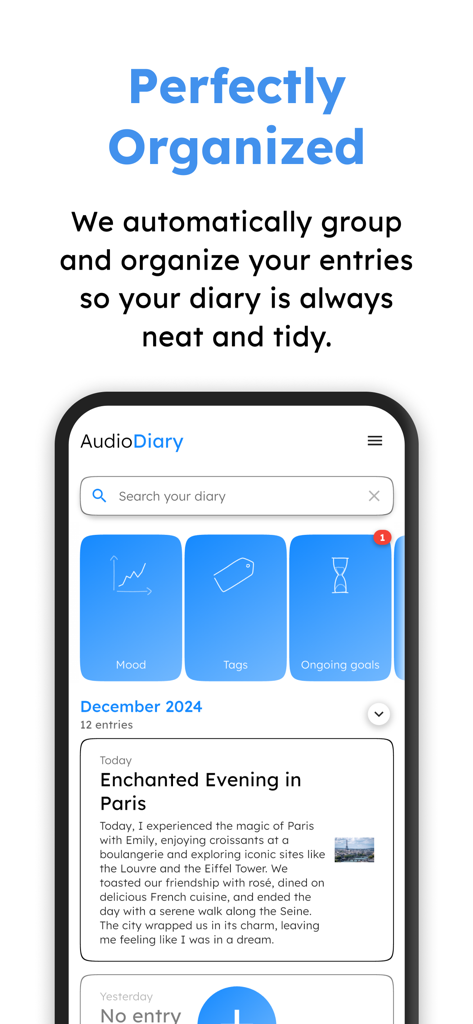 Audio Diary - a simple journal - Audio Diary app screen showing organized journal entries with mood and goal tracking icons