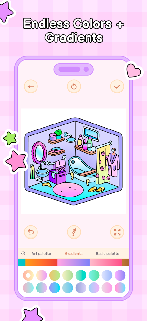 Cozy Home: Comfy Coloring Book - Ein Mobiltelefon, das eine handgezeichnete Badezimmer-Malvorlage mit verschiedenen Farbverlaufoptionen anzeigt