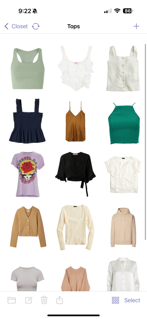 Stylebook - Uma interface de closet digital mostrando uma grade de várias blusas com fundos removidos no aplicativo Stylebook.