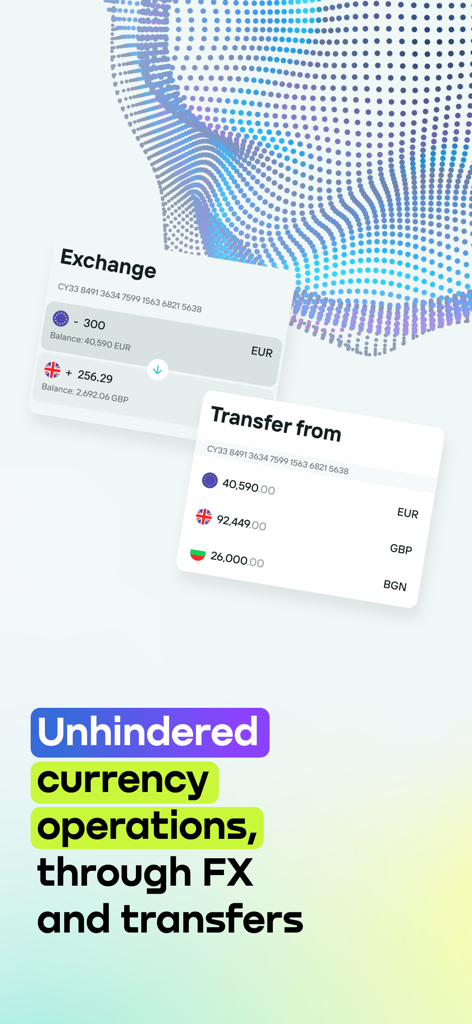 Unlimit - Interfaz de la aplicación móvil mostrando intercambio de divisas y opciones de transferencia