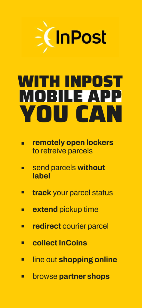 InPost Mobile - A list of key features of the InPost Mobile app including remote locker opening and label-less parcel sending on a yellow background