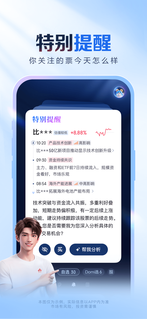 涨乐 - AI涨乐 - Interface do aplicativo móvel AI ZhangLe mostrando um alerta de ações inteligente com análise automatizada do mercado e recomendações de negociação.