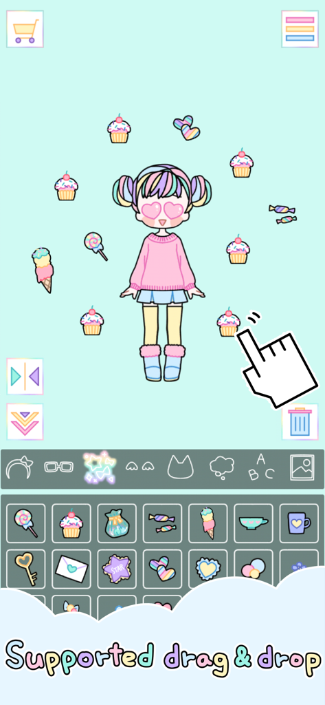 Pastel Girl - Pastel Girl game interface featuring a cute character being decorated with cupcakes and candies using a drag and drop gesture