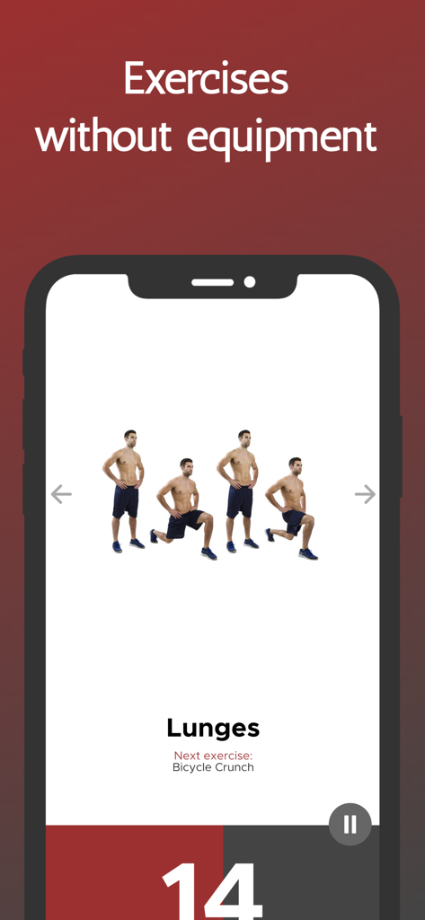 Pantalla de una aplicación móvil que demuestra las zancadas como un ejercicio sin equipo para personas mayores de cincuenta años.
