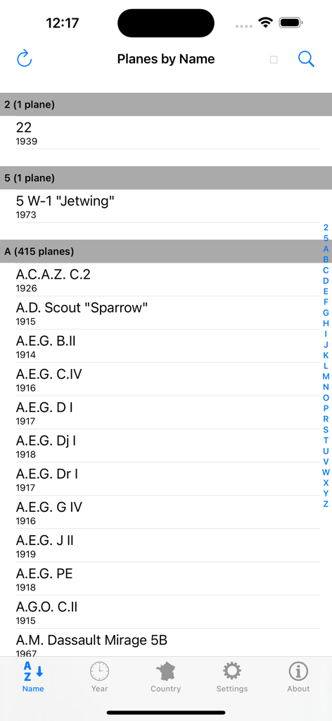 Alphabetical list of aircraft models in the Planes Encyclopedia app interface