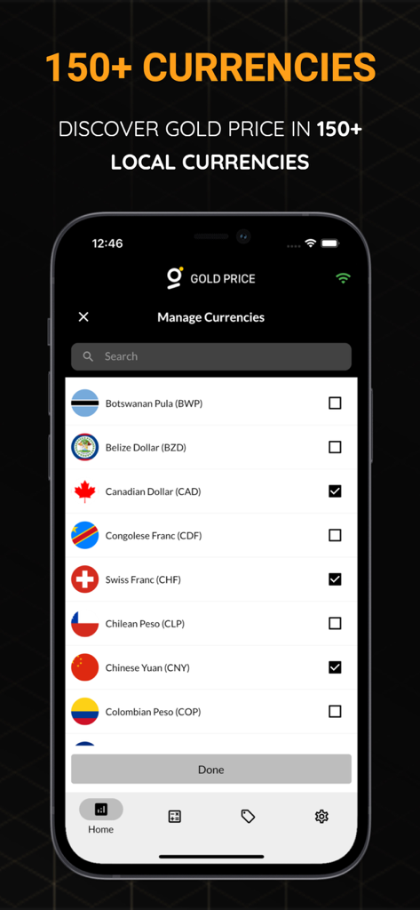 150以上のグローバル通貨で金価格を追跡するための通貨管理オプションを示すライブ金価格今日のアプリのインターフェイス。