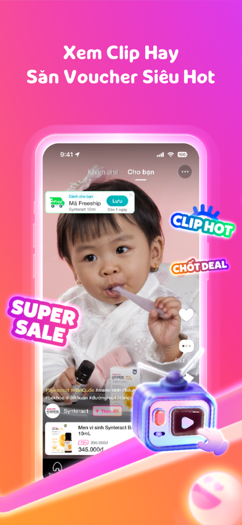 Interface of the Con Cung app showing a video of a baby and shopping vouchers