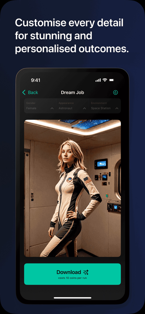 Screenshot of GenAI Hub app showing customization settings for an AI generated astronaut image