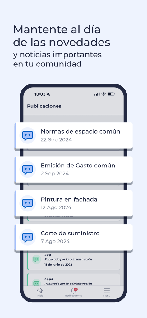 ComunidadFeliz - ComunidadFeliz app interface showing a list of community announcements and notifications.