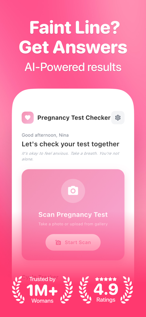 Pregnancy Test Checker - AI - Interface of the Pregnancy Test Checker AI app featuring a scan button and results for faint lines.