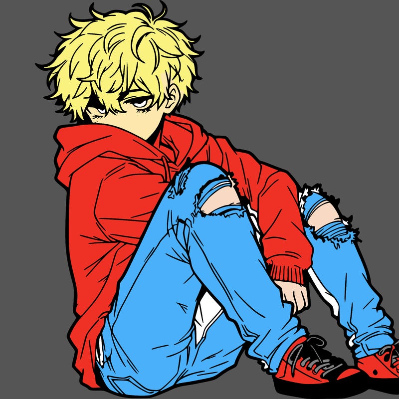 a male hoddie ripped jeans messy hair anime