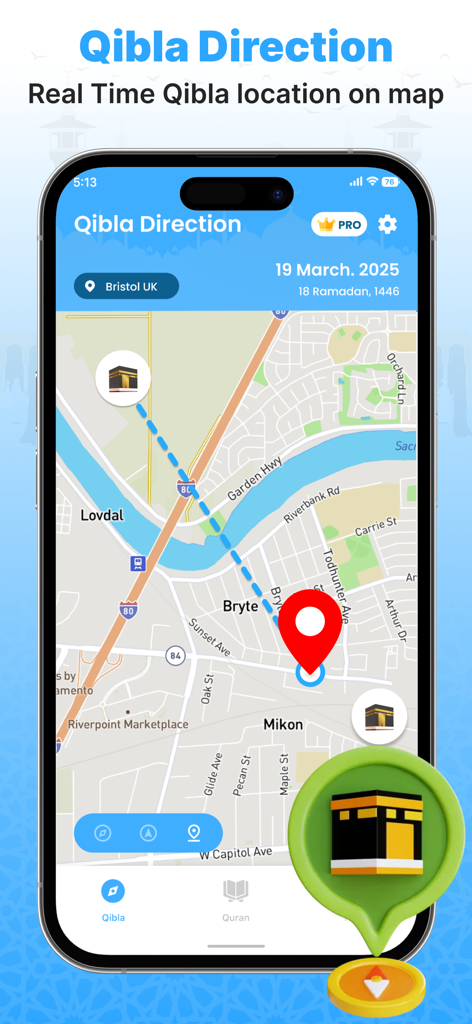 Qibla Finder & Namaz - Qibla Finder app interface showing the direction to Mecca on a map