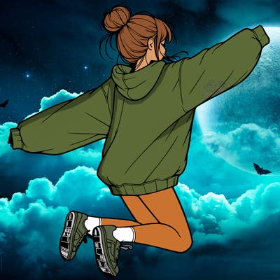 realistic girl jumping with a bun and oversized sweatshirt